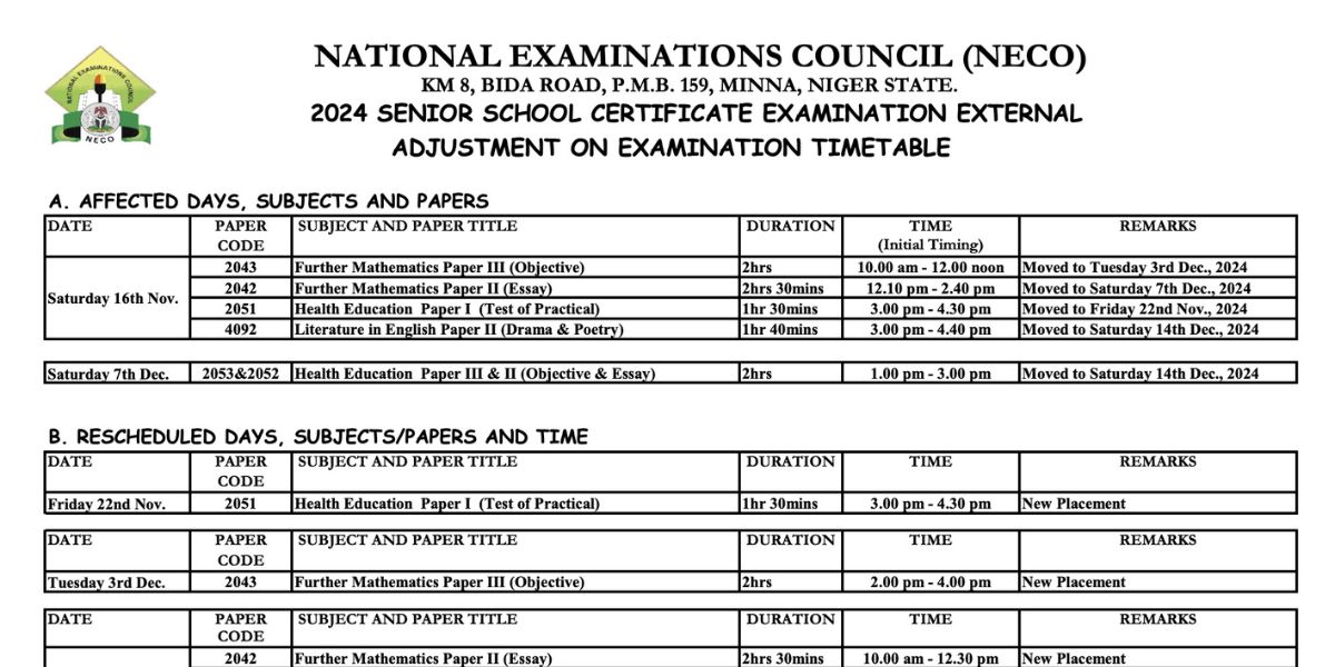 NECO GCE Timetable